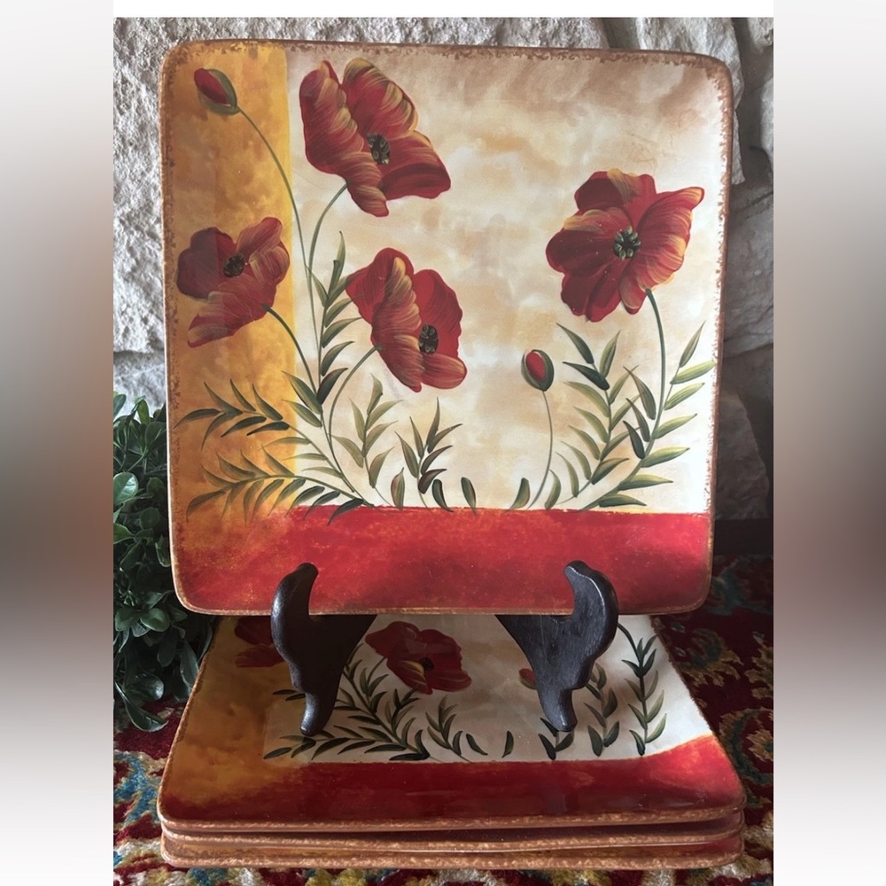 4 Pier 1 Imports Hand-painted Square Dinner Plates Poppies 10” Retired